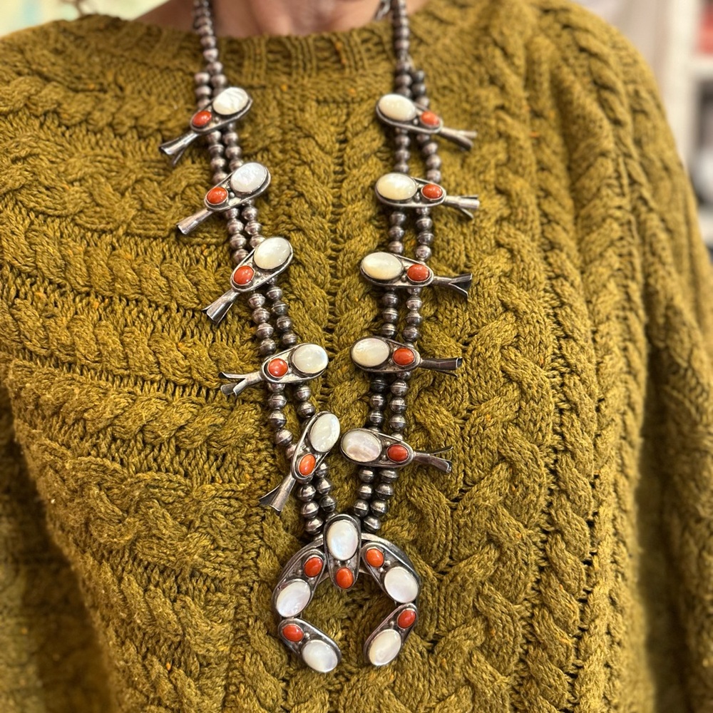 Vintage Navajo Coral and Mother of Pearl Sterling Silver Squash Blossom Necklace